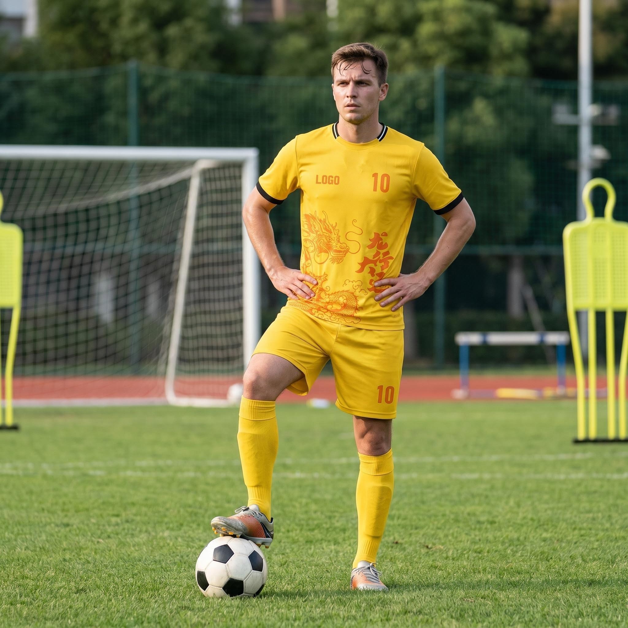 Yellow Chinese Dragon Pattern Soccer Jersey Shorts Set Custom Name Number Breathable Quick Dry Football Training Uniform For Men Boys - view 8
