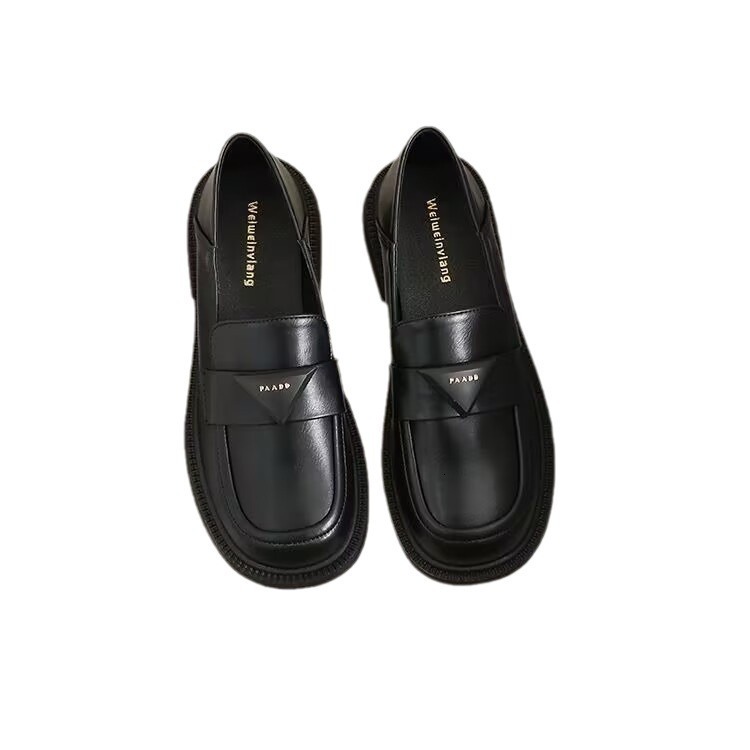 Womens Black Leather Loafers With Triangle Metal Logo And Chunky Sole