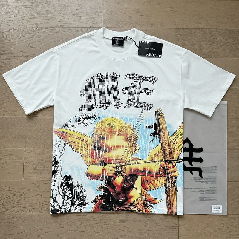 Mixed Emotion Embroidery Rhinestone American Streetwear Trendy Couple Angel Print Diamond Top Tee Men Clothing 260507