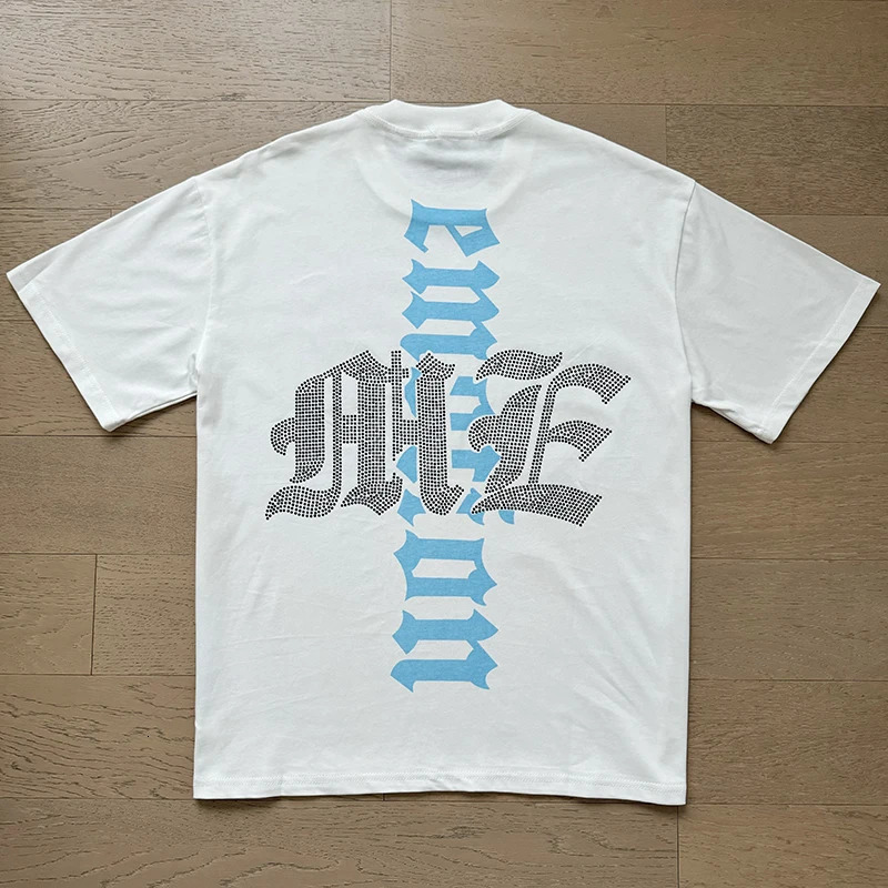 Mixed Emotion Embroidery Rhinestone American Streetwear Trendy Couple Angel Print Diamond Top Tee Men Clothing 260507