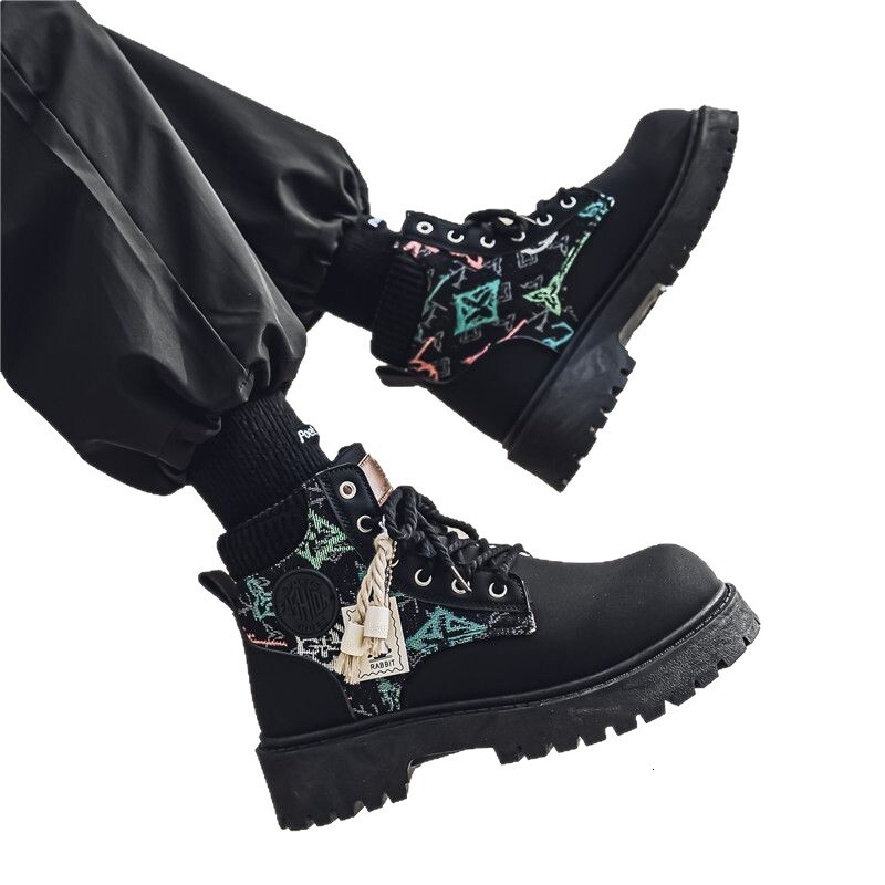 Mens Black Platform Combat Boots With Colorful Embroidery And Tassels daily outfit