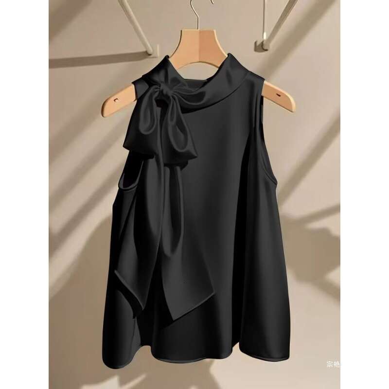 Designer 2026 French Champagne White Satin Halter Neck Top For Women, Summer Luxury New Loose Bowknot Shirt, Stylish Youthful Thin Blouse Free Shippin