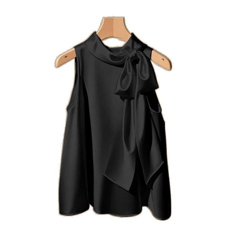 Designer 2026 French Champagne White Satin Halter Neck Top For Women, Summer Luxury New Loose Bowknot Shirt, Stylish Youthful Thin Blouse Free Shippin