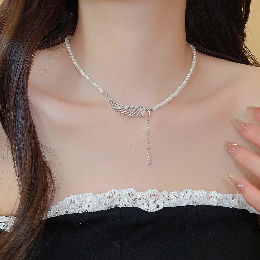 Zircon pearl beaded wing and water drop pendant necklace, new fashion versatile collarbone chain, light luxury high-end accessory - view 4
