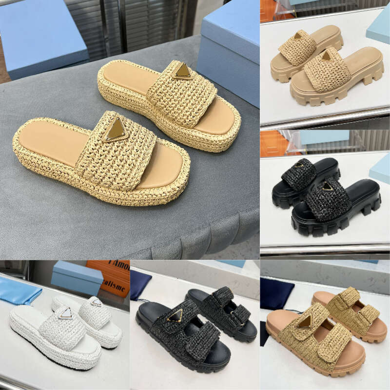 Designer Slippers luxury Casual shoe sandals women men triangle Sliders fashion sandal Raffias Straw weave platform shoes Slide beach pool flat Slipper