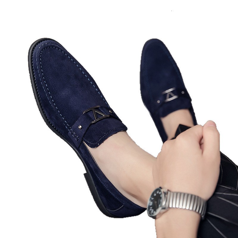 Mens Navy Blue Suede Loafers With Metal Buckle Detail - view 6