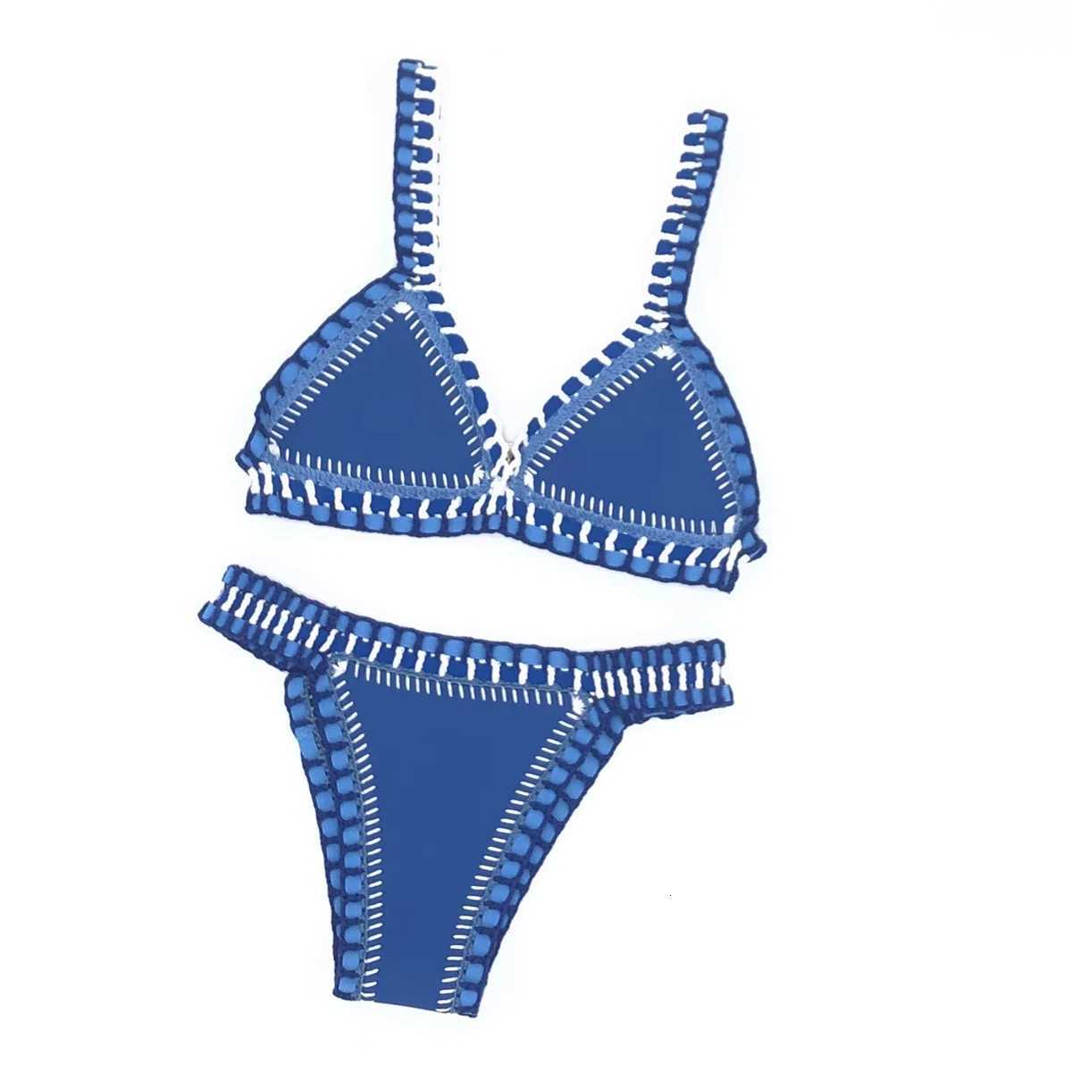 Women Sexy Swimsuit Blue Neoprene Crochet Elastic Bikini Sets Back Buckle Tankini Yellow Swimwear X260507