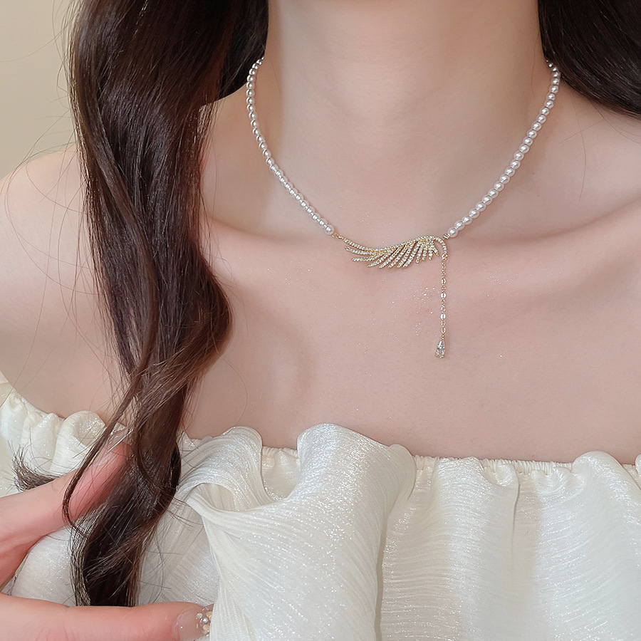 Zircon pearl beaded wing and water drop pendant necklace, new fashion versatile collarbone chain, light luxury high-end accessory - view 6