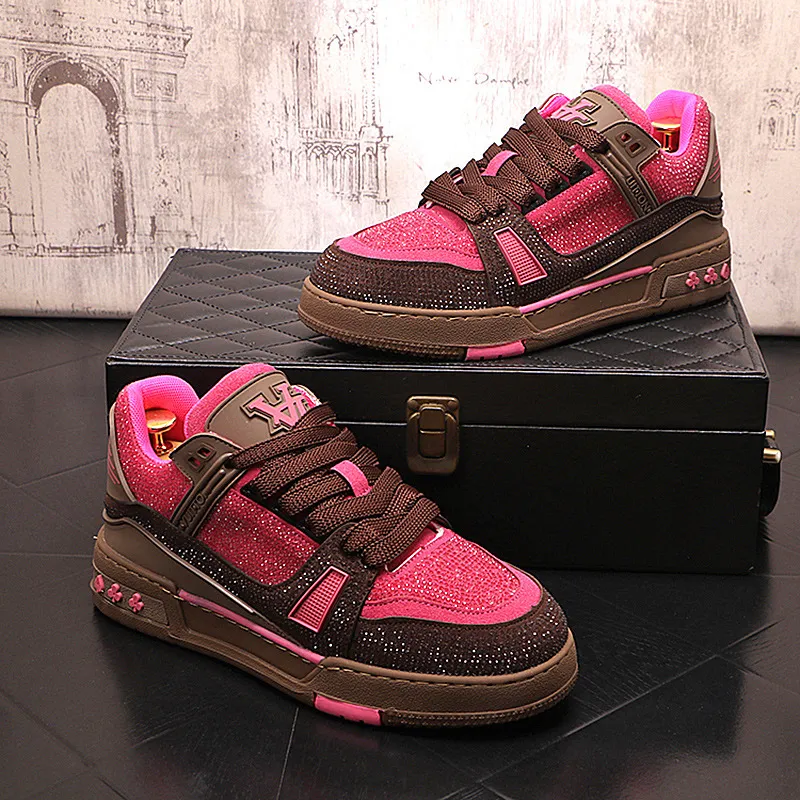 Men Rhinestone Color Block Skate Sneakers, Pink Brown Contrast Letter Embroidery Lace-up Casual Street Shoes