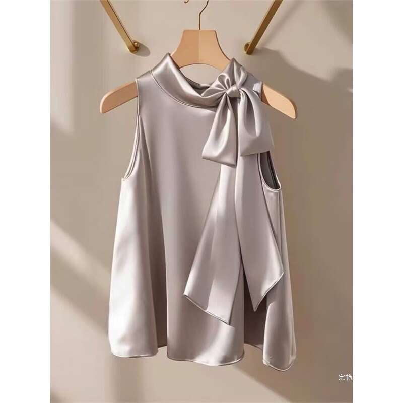 Designer 2026 French Champagne White Satin Halter Neck Top For Women, Summer Luxury New Loose Bowknot Shirt, Stylish Youthful Thin Blouse Free Shippin
