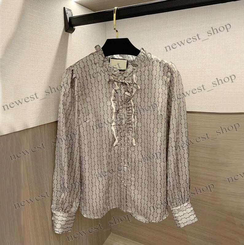 Summer Womens Shirts 26ss double letter Jacquard print Shirt lady Luxury long sleeved Collar tie tshirts Silky women fabric cloth