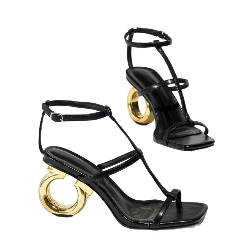 Gold Metallic Strappy Sandals Unique Circular Heel Party Dress Shoes square toe one-strap buckle irregular heel high-heeled Roman sandals daily outfit