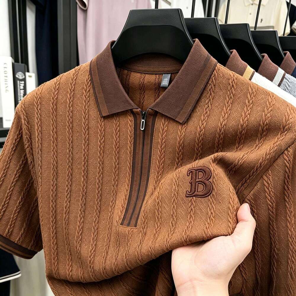 Luxury Brand Designer Clothes 2026 Summer Middle-Aged Men Knitted Short Sleeve Korean Version Business Casual Jacquard Embroidery Daily Wear for Men
