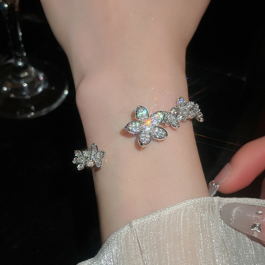Super Shiny Zircon Flower Open Bangle Ring Set, High-end and Exquisite 2026 New Jewelry - view 3
