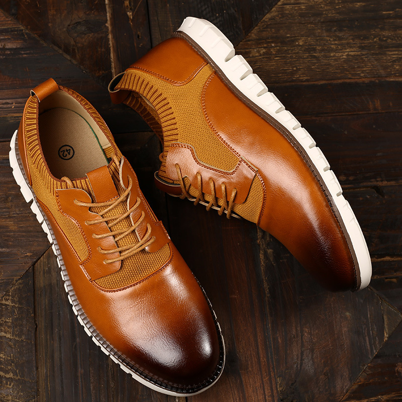 Mens Brown Leather And Knit Hybrid Casual Sneakers With White Sole