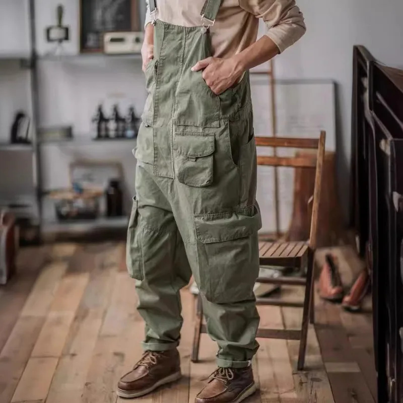 Men Vintage Bib Overalls Cotton Relaxed Fit Cargo Pants Romper Fashion Workwear Loose Jumpsuit with Pockets 260508 - view 3