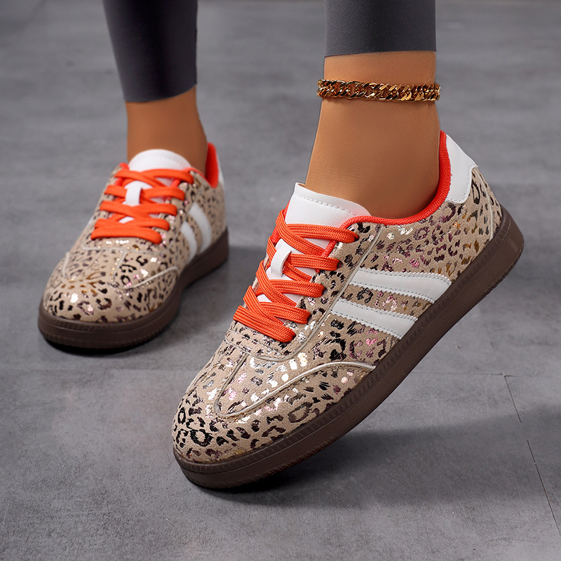 Womens Leopard Print Casual Sneakers With Orange Laces And White Stripes - view 6