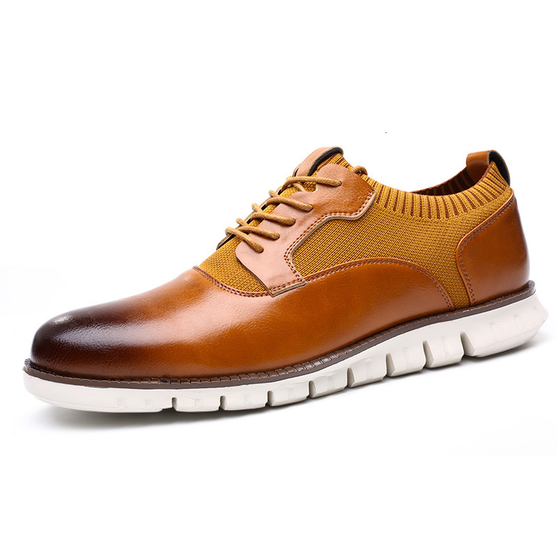Mens Brown Leather And Knit Hybrid Casual Sneakers With White Sole
