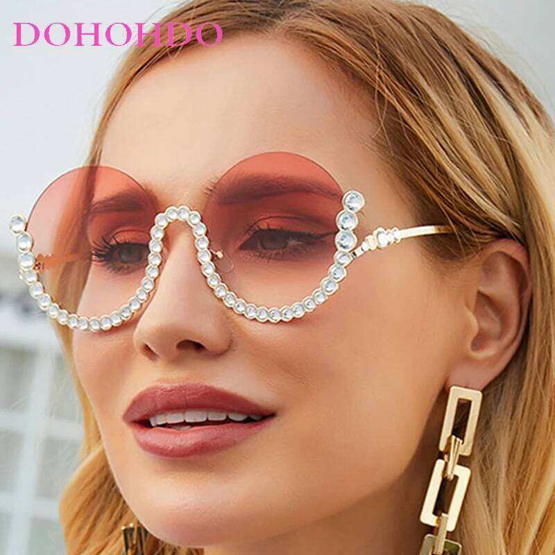 Trendy Metal Leg Half Set Rhinestone Round Frame Women Sunglasses Luxury Designer Sunglass Men Travel Party Eyewear Uv400