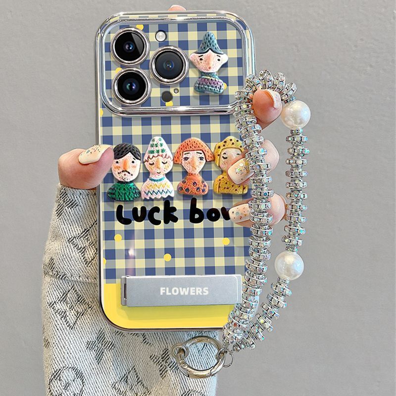 Compatible 17 Pro Phone Case New Model with Lanyard Apple 16 High-End Niche Plaid Doll Character