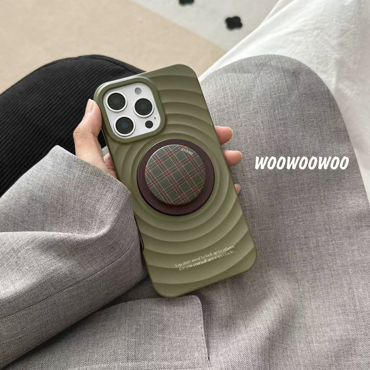 Olive ripple magnetic green checkered stand case suitable iPhone 16 Pro Max, Apple 15, and 14 for women