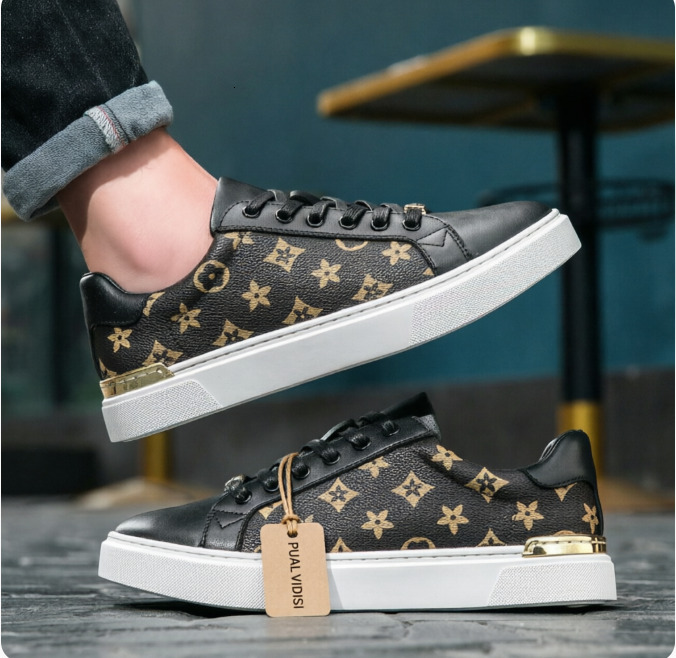 Mens Black Monogram Print Casual Sneakers With Gold Trim