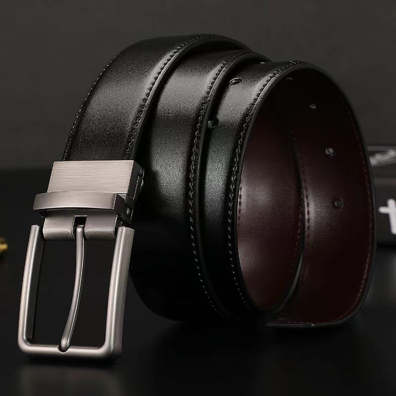 33CM Mens Rotating Pin Buckle Leather Belt Perforated Double-Sided Reversible Buckle251113