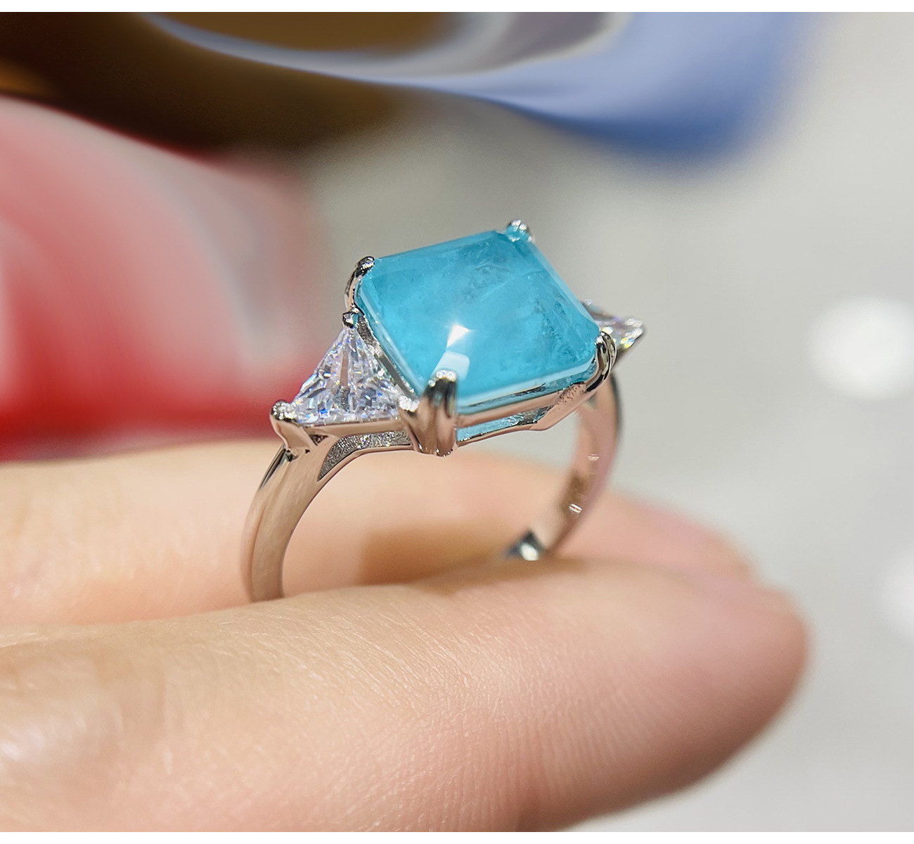Rulalei Elegant 3-Stone Paraiba Blue CZ Ring Princess Emerald with Triangle Cut Side Stones Genuine 100% 925 Sterling Silver Wedding Band for Women Da