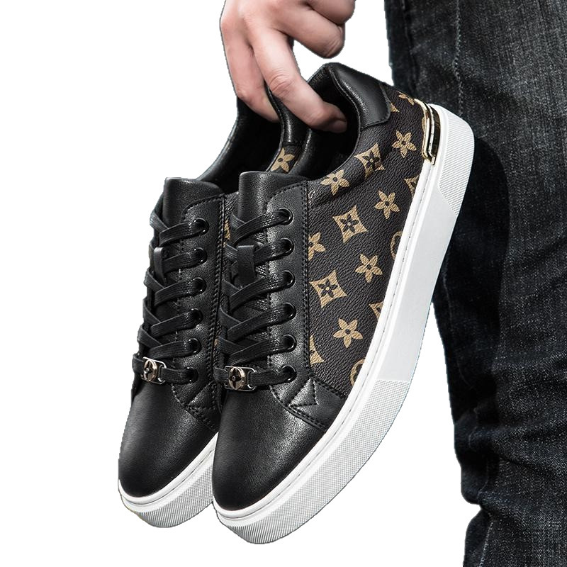 Mens Black Monogram Print Casual Sneakers With Gold Trim