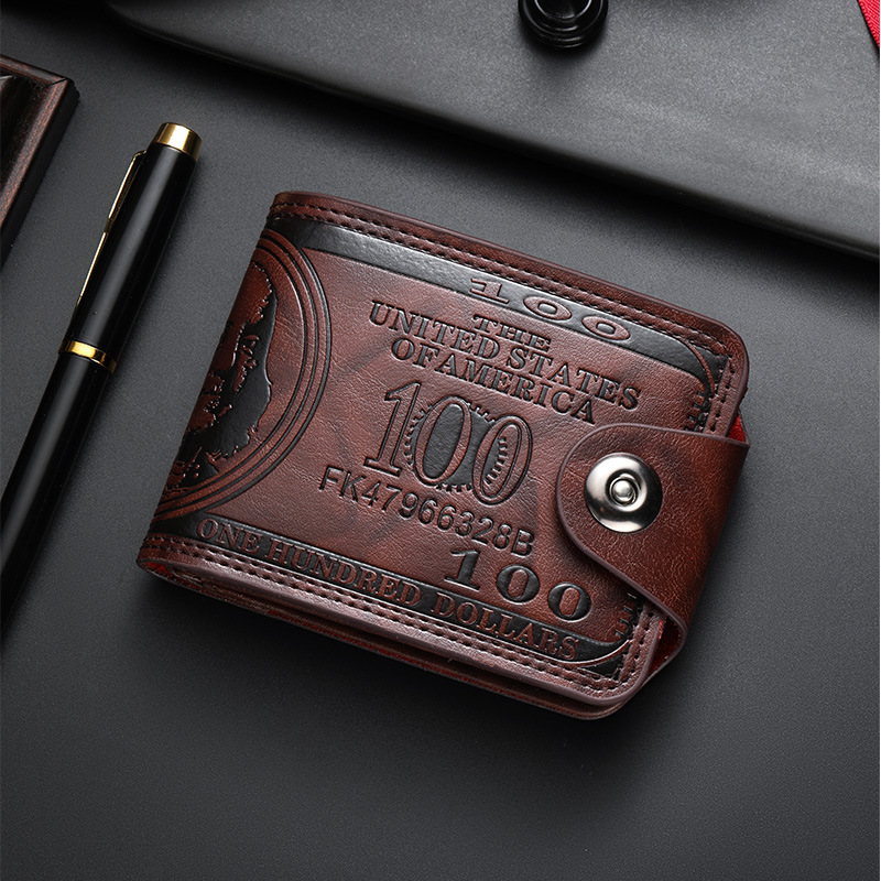Free Shipping Vintage US Dollar Pattern Men's Wallet PU Leather Short Bifold Wallet with Snap Closure Card Holders