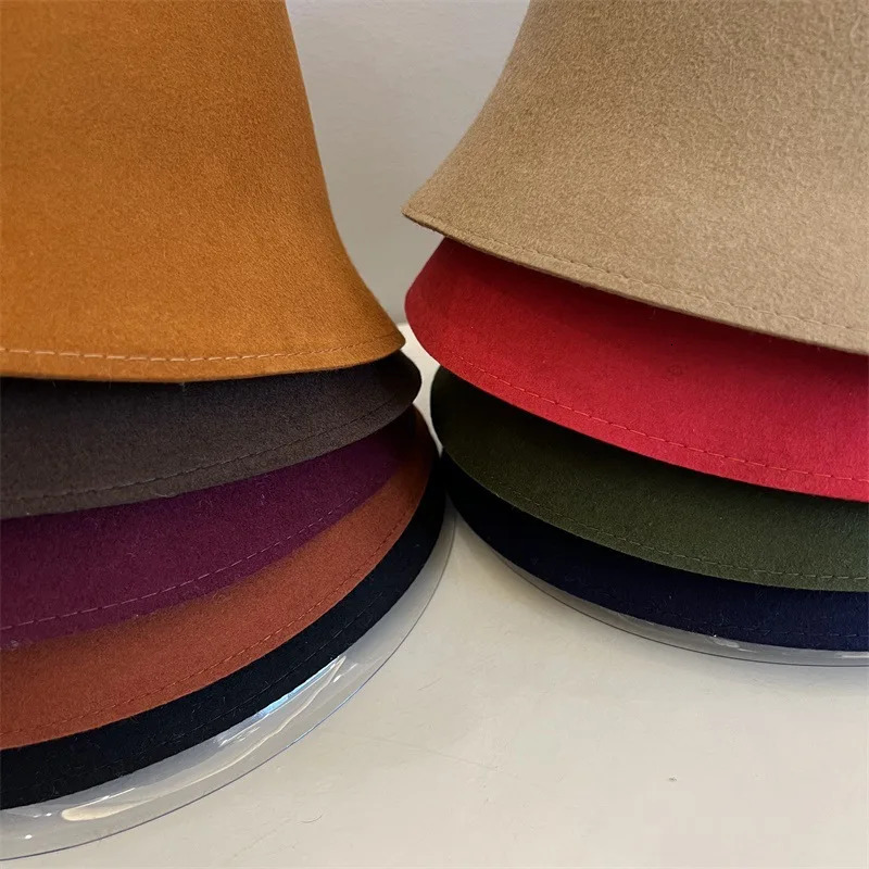 Vintage Elegant Wool Felt Bucket Hat Women Autumn Winter Bell-shaped Basin Cap Hemming-stitch Pure Color Fashion Warm 260508 - view 5