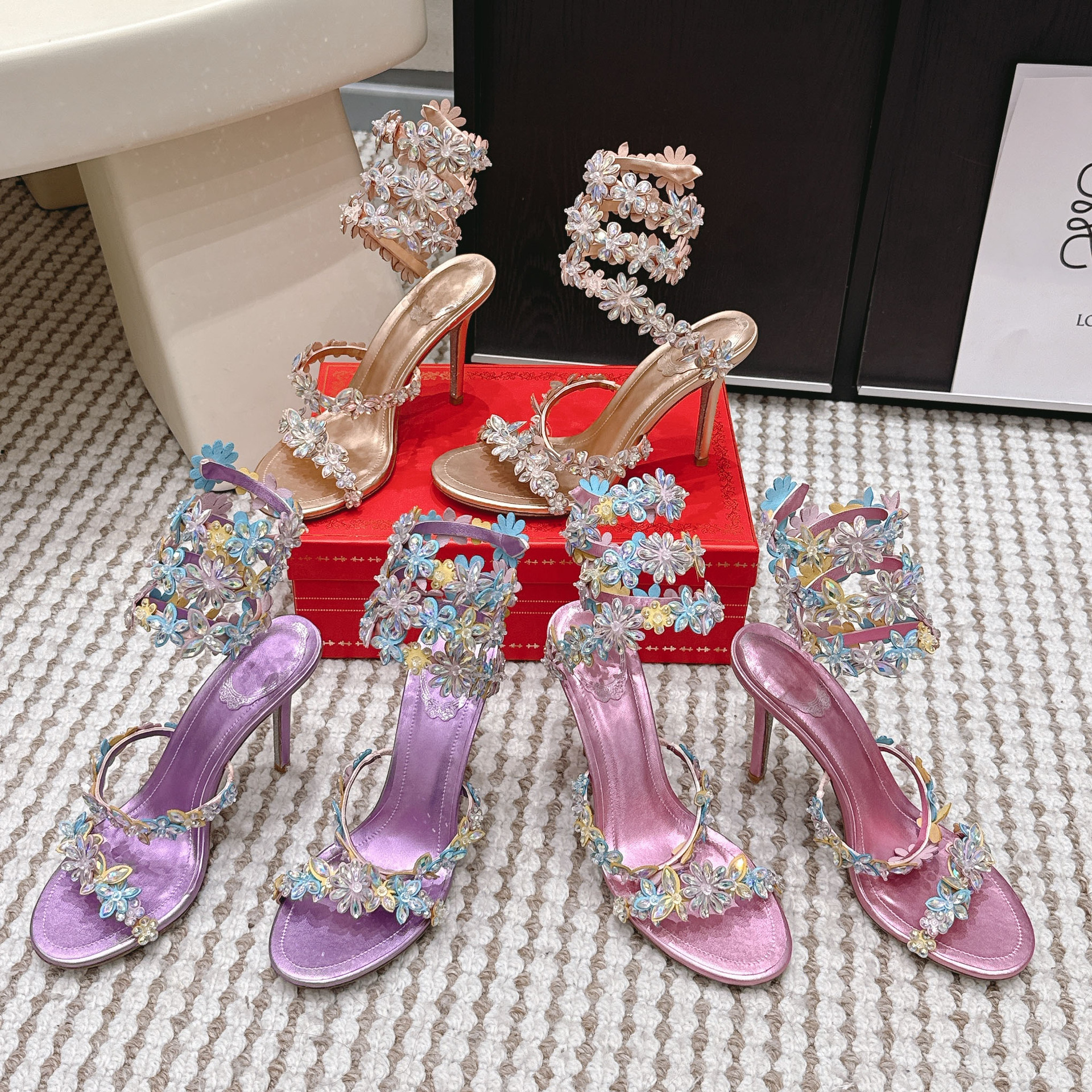 woman sandals pink heels red bottom shoes women heels heelys jelly sandals Butterfly Flower Water Diamond Sandals Summer Silk Fine Heels Serpentine Wrapped Heels 42