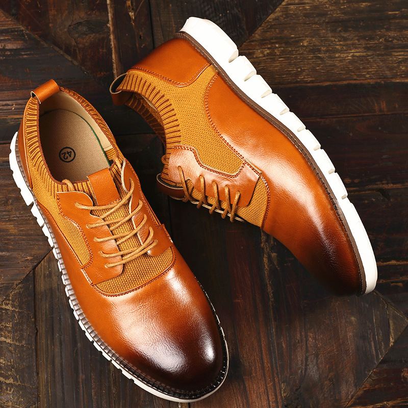 Mens Brown Leather And Knit Hybrid Casual Sneakers With White Sole