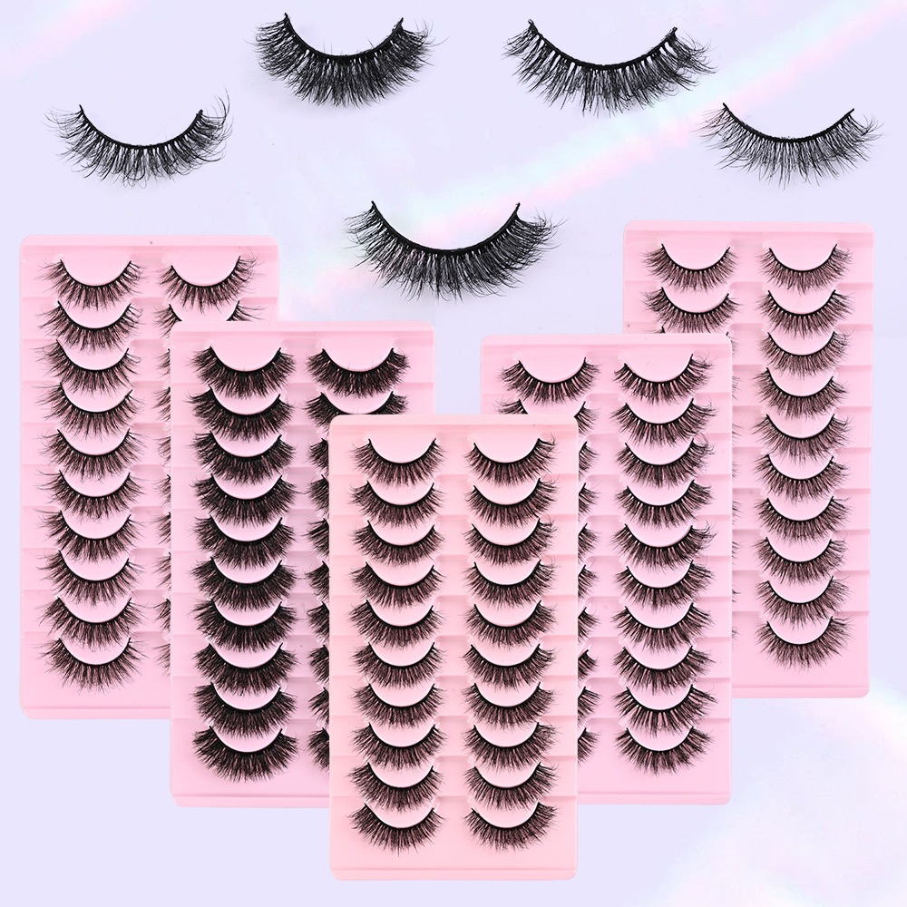 Natural Wispy Eyelash Extensions Soft Lightweight, 10 Pairs 3D Faux Mink Lashes Strip Fluffy Volume Reusable Eyelashes C Curled Easy to Apply Lash Ext