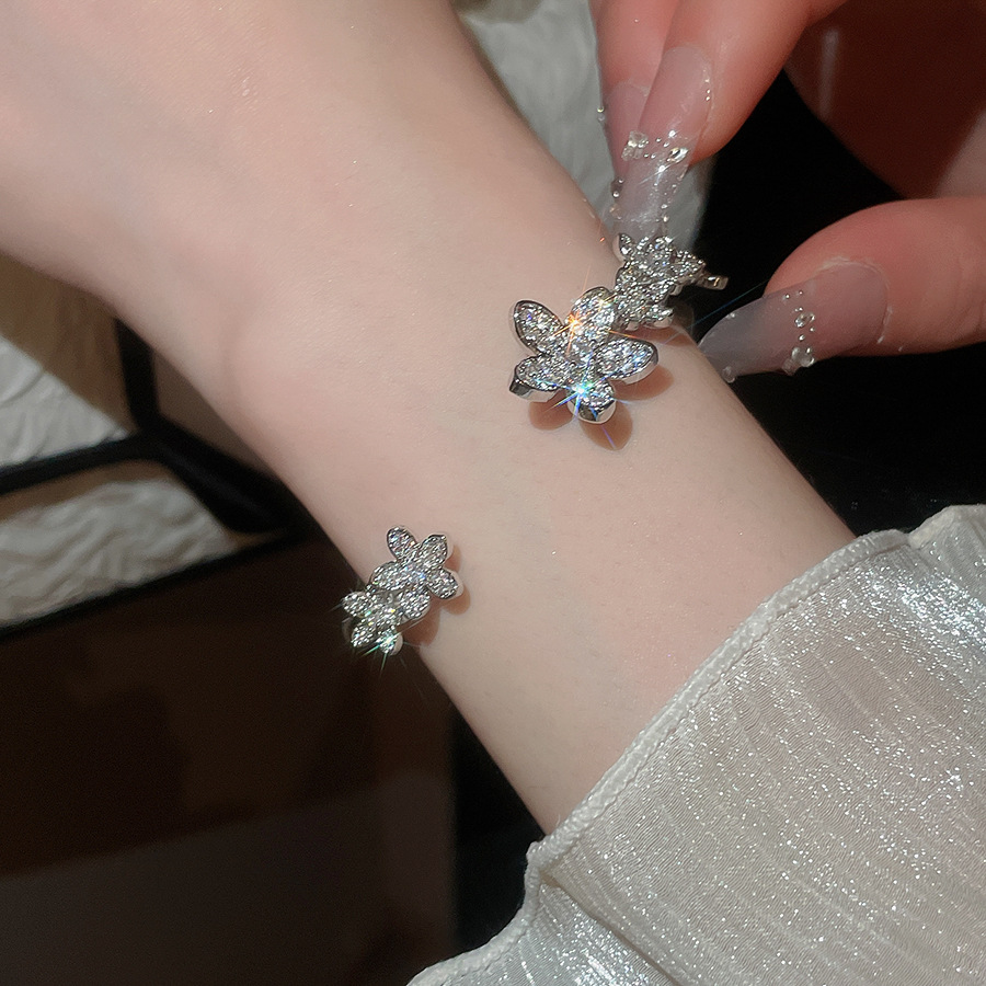 Super Shiny Zircon Flower Open Bangle Ring Set, High-end and Exquisite 2026 New Jewelry - view 5