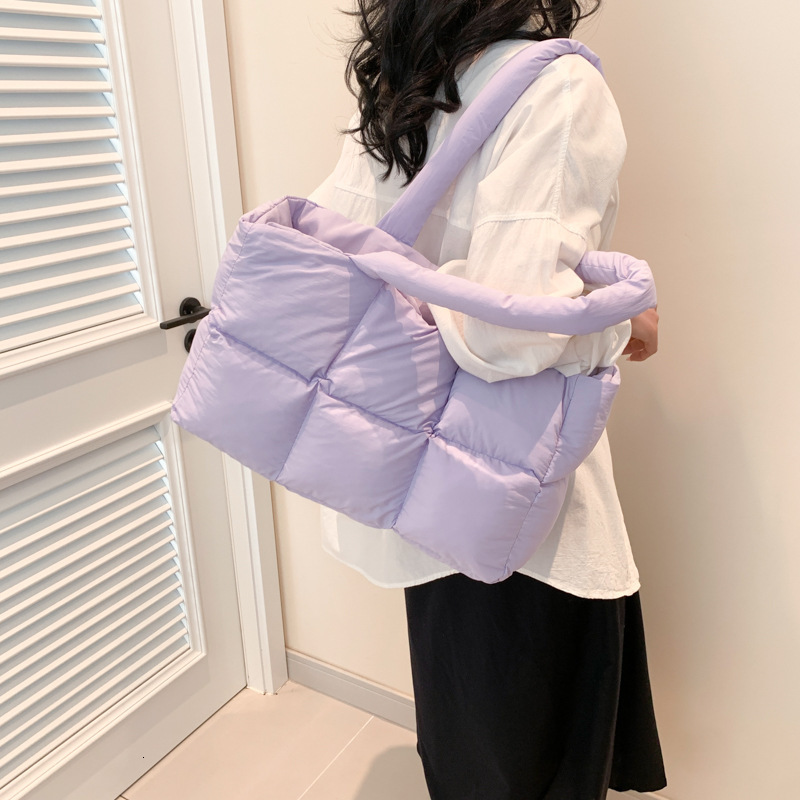 Winter Sapce Padded Large Tote Bag Women Plaid ed Handbags Fashion Ladies Down Cotton Shoulder Bags Warm 241202