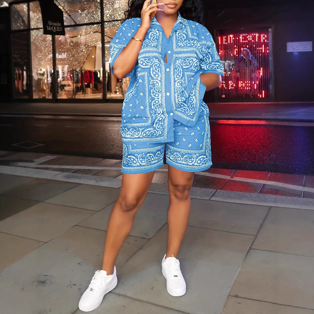 Bandana Print Cropped ShirtBottoms Set Button-Down Shirt Skirt/Pants 2026 Spring Boho Western Women Suit Holiday Casual Outfit 260413