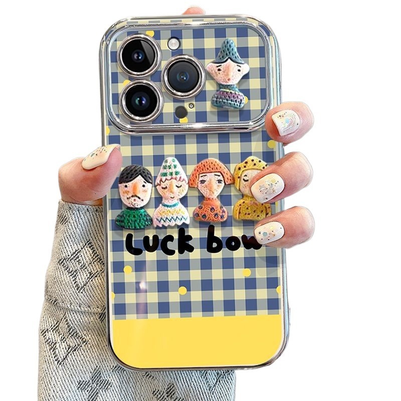Compatible 17 Pro Phone Case New Model with Lanyard Apple 16 High-End Niche Plaid Doll Character