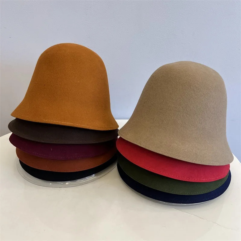 Vintage Elegant Wool Felt Bucket Hat Women Autumn Winter Bell-shaped Basin Cap Hemming-stitch Pure Color Fashion Warm 260508 - view 7