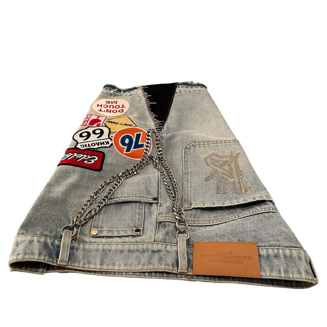 Women's Shorts Streetwear Retro Patchwork Denim Short Jeans Men Women Hip Hop Cartoon Graphics Blue Loose Fitness Casual