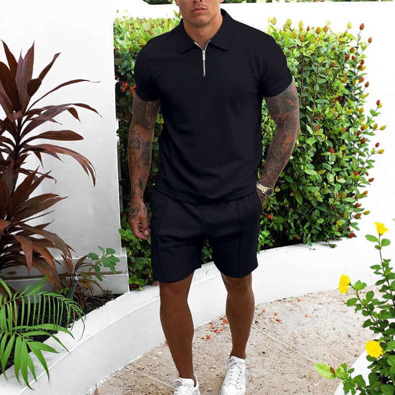 Designer 2026 European American Men's Short-sleeve Suit Luxury With Stand-up Collar And Zipper Design, Fashionable Casual Two-piece Shorts Set In