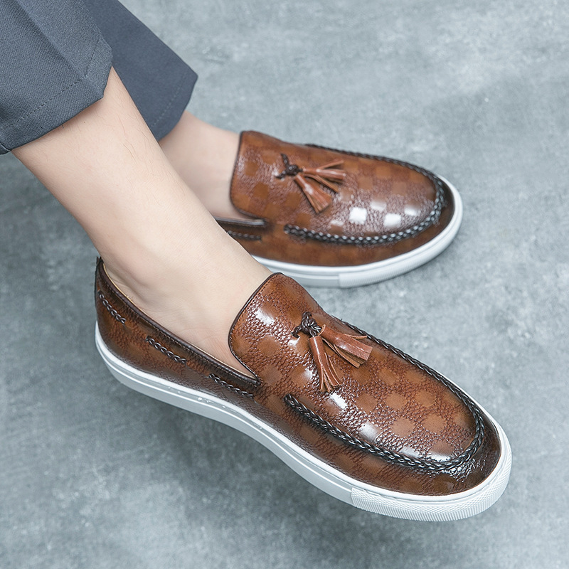 Mens Black Embossed Leather Loafers With Tassels Slip On Casual Shoes