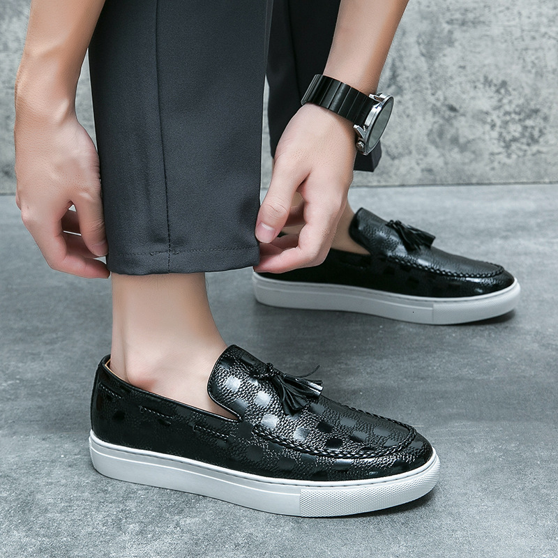 Mens Black Embossed Leather Loafers With Tassels Slip On Casual Shoes