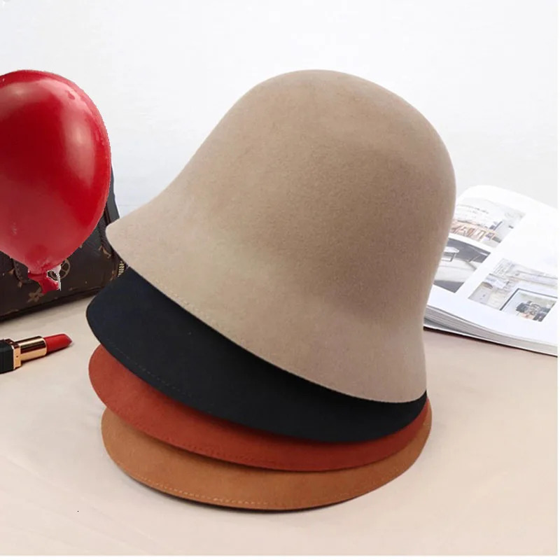 Vintage Elegant Wool Felt Bucket Hat Women Autumn Winter Bell-shaped Basin Cap Hemming-stitch Pure Color Fashion Warm 260508 - view 4