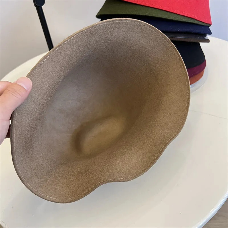 Vintage Elegant Wool Felt Bucket Hat Women Autumn Winter Bell-shaped Basin Cap Hemming-stitch Pure Color Fashion Warm 260508 - view 6