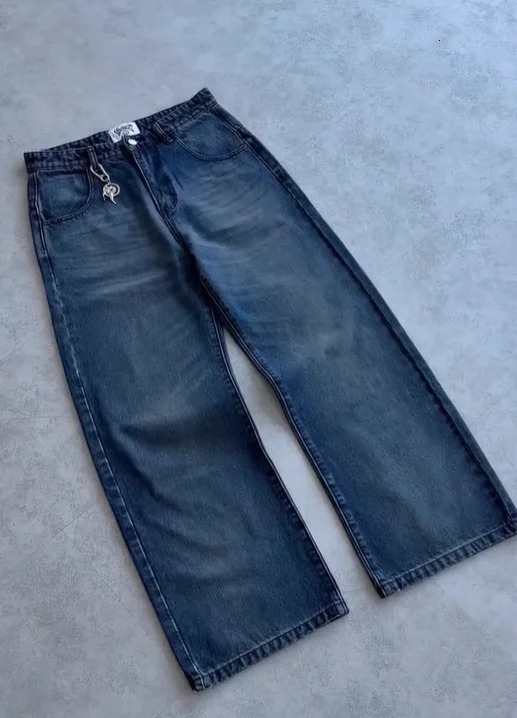 Preppy Style Men's Blue Denim Cargo Jeans, Wide Leg Pants with Koi Embroidery, Zipper Fly, Functional Cargo Pockets - view 5