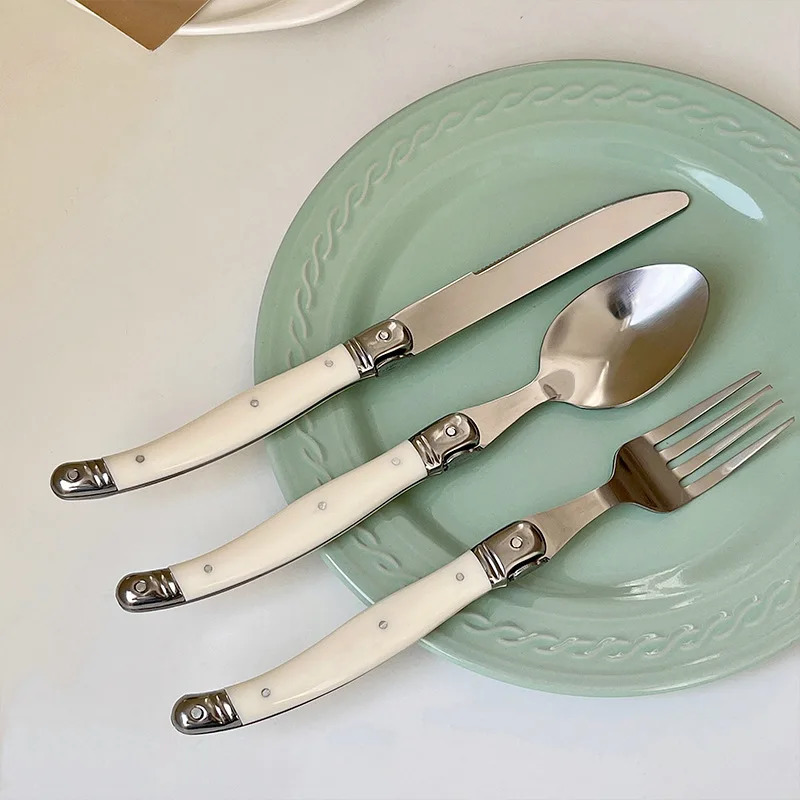 4/8/16/24Pcs Laguiole Cutlery Set Steak Knife Fork Dinner Spoon Teaspoon Ivory White Kitchen Flatware Stainless Steel Dinnerware 260508