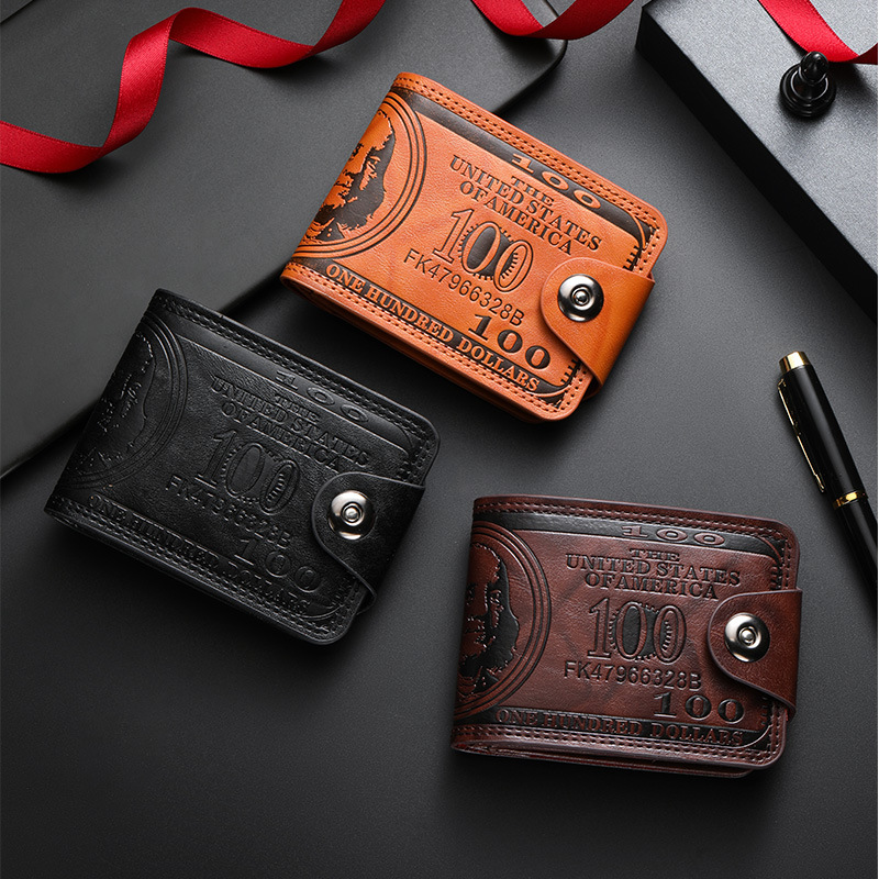 Free Shipping Vintage US Dollar Pattern Men's Wallet PU Leather Short Bifold Wallet with Snap Closure Card Holders