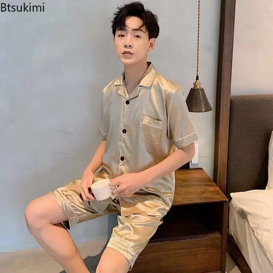 Summer Men Pajama Sets Silk Satin Pijama Turn-down Collar Sleepwear Short Sleeve Nightwear Male 2 Pieces Sets Homewear 5XL 260507