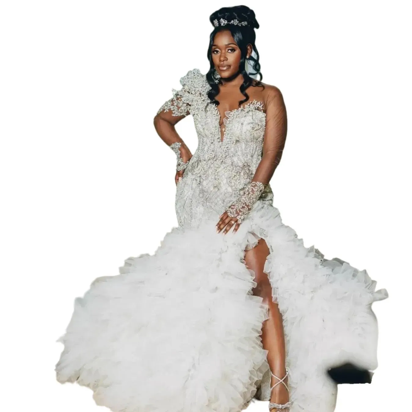 Arabic womens Aso Ebi 2026 Plus Size Ivory Wedding Appliques Beaded new Crystals Pearls Tiers Luxurious Bridal Gowns ZJ055 new white